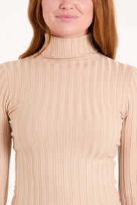 CAMEL RIBBED ROLL NECK JUMPER