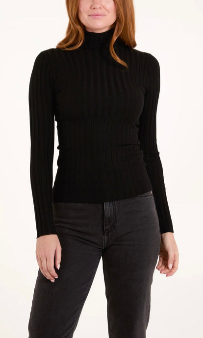 BLACK RIBBED ROLL NECK TOP