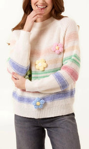 PASTEL KNITTED FLOWER STRIPED JUMPER