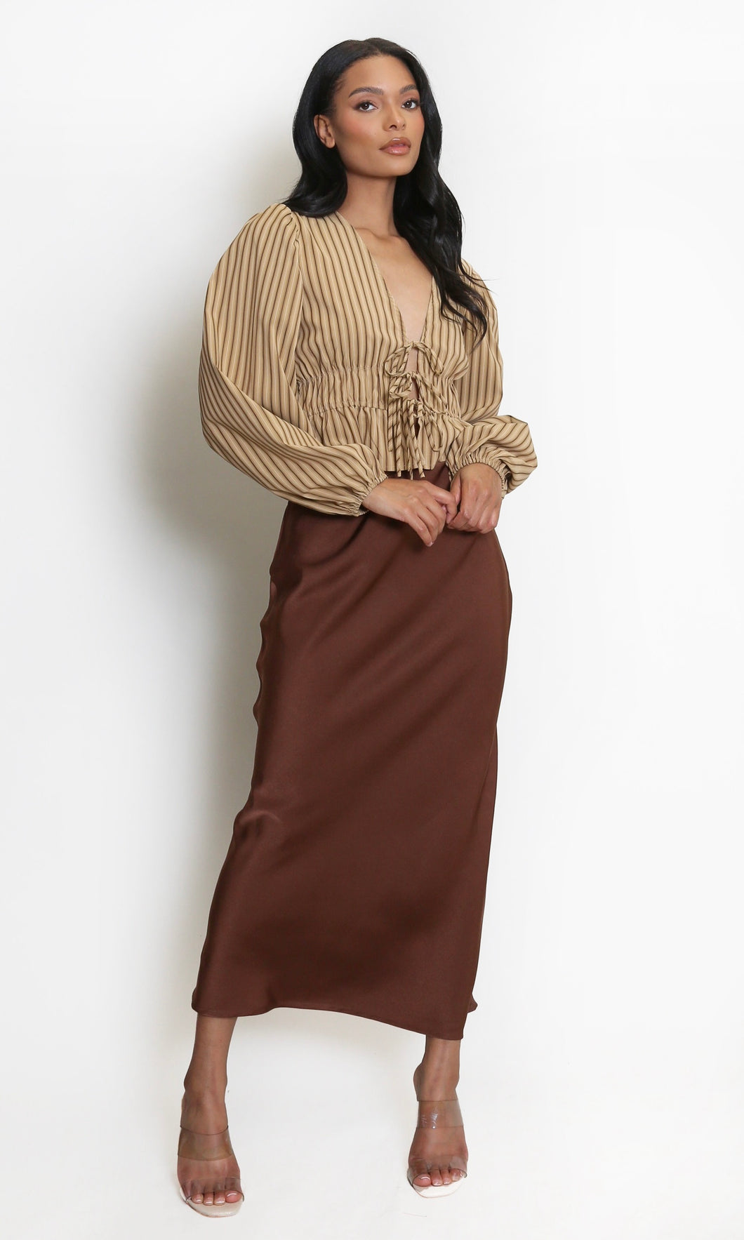 Brown Satin High Waist A-Line Maxi Skirt