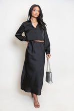 Load image into Gallery viewer, Black Satin High Waist A-Line Maxi Skirt