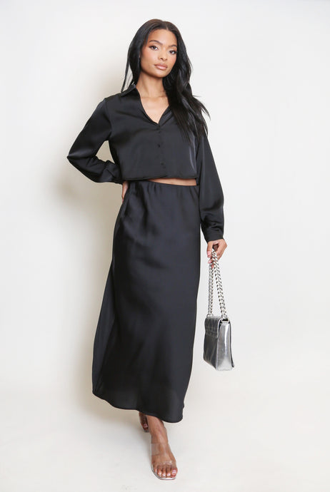 Black Satin High Waist A-Line Maxi Skirt