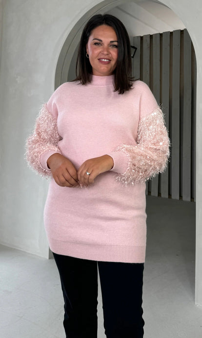 Emmy Pink Knit Textured Sleeve Jumper Dress