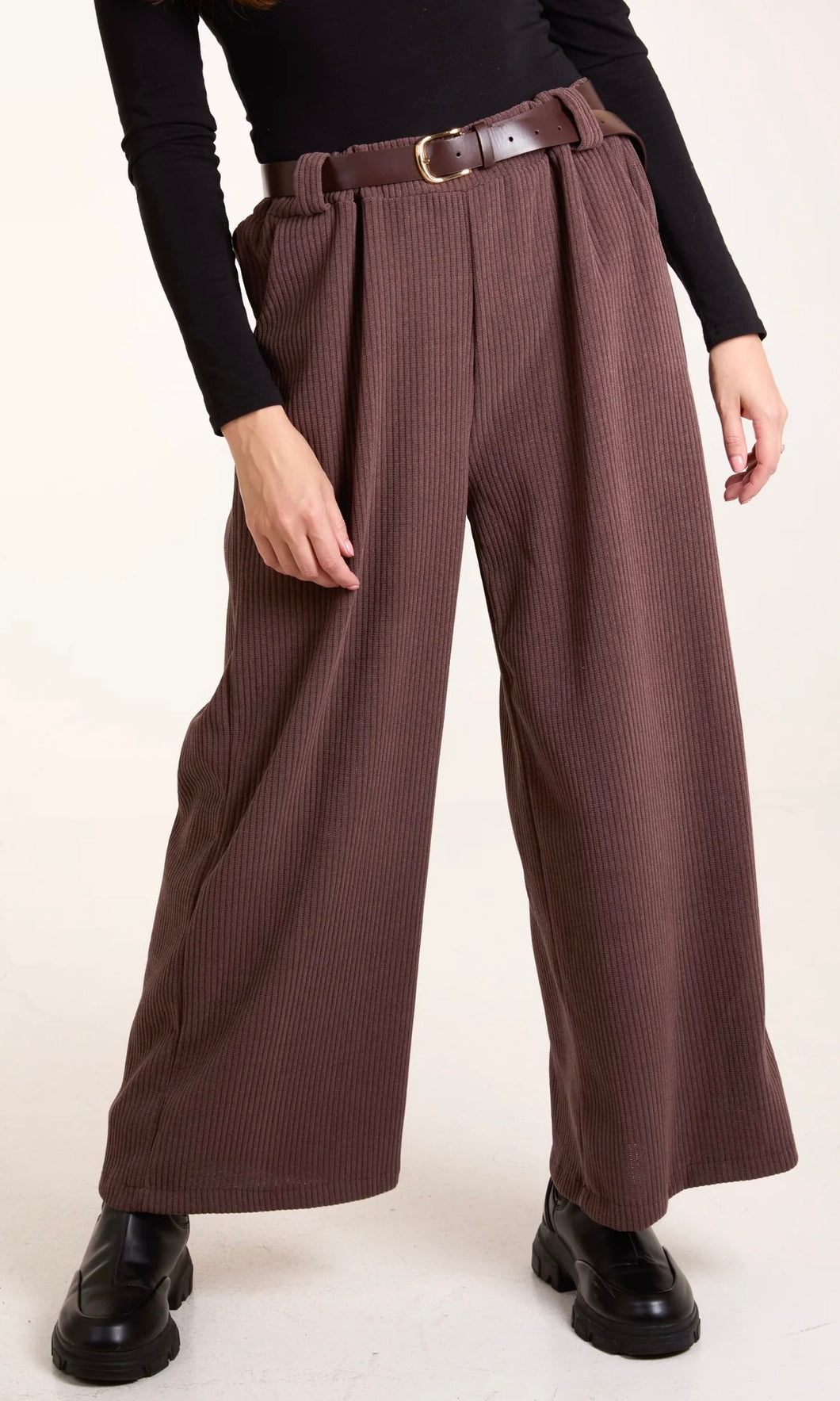 CHOCOLATE  RIB KNIT STRAIGHT LEG BELTED TROUSER