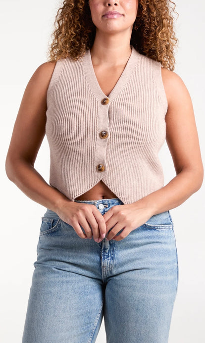 TAUPE CROPPED BUTTON DOWN KNITTED WAISTCOAT