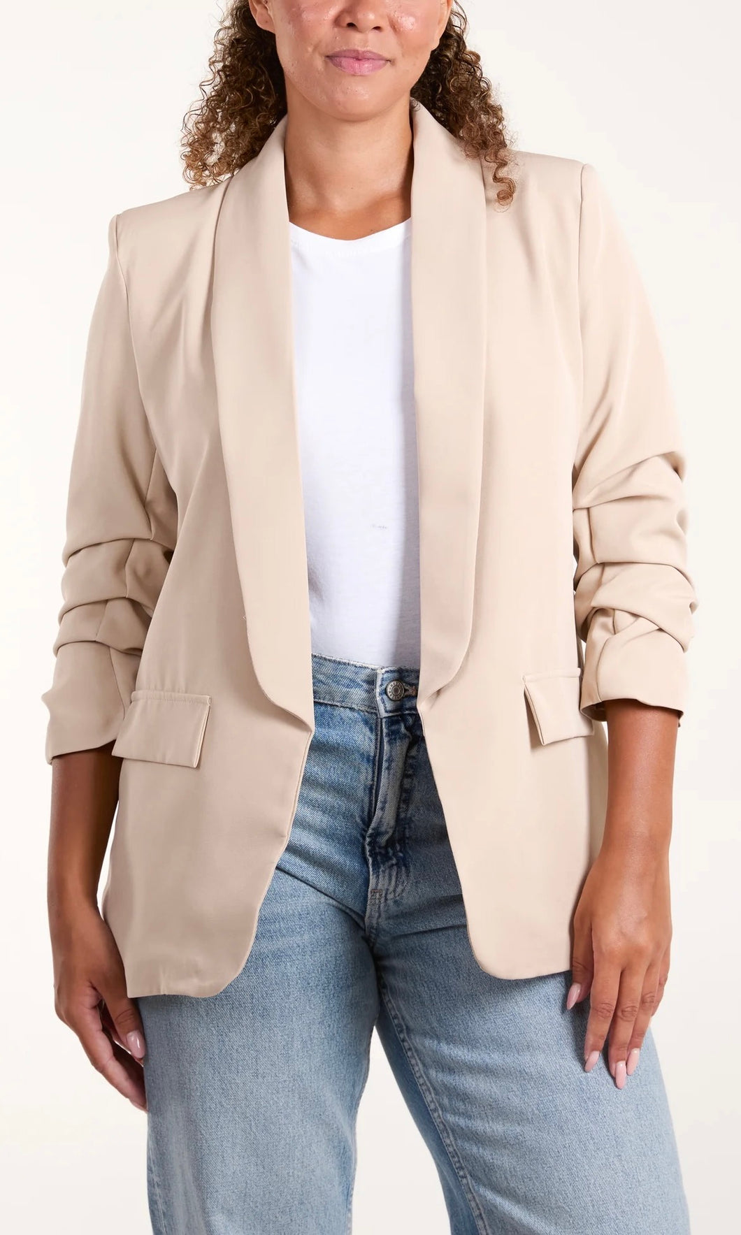 STONE RUCHED SLEEVE BLAZER