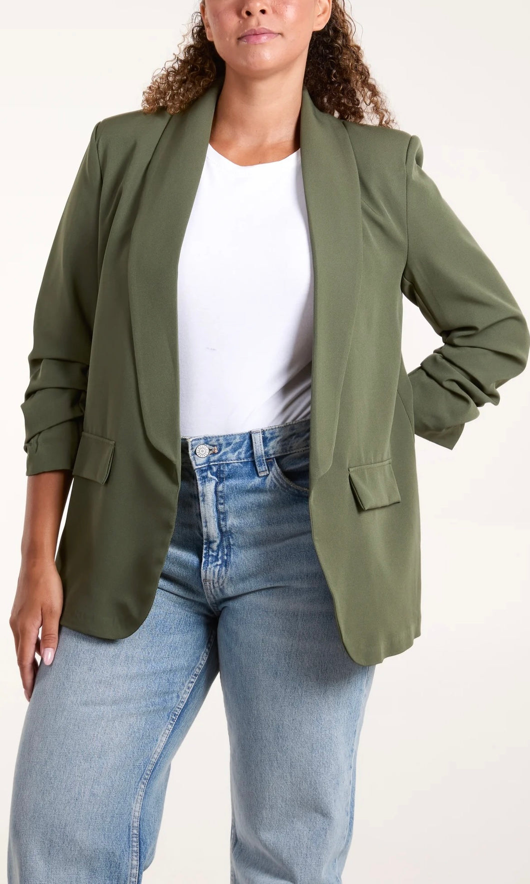 KHAKI RUCHED SLEEVE BLAZER