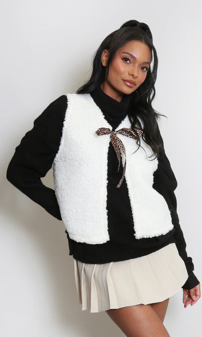 Ivory Borg Leopard Tie Front Waistcoat