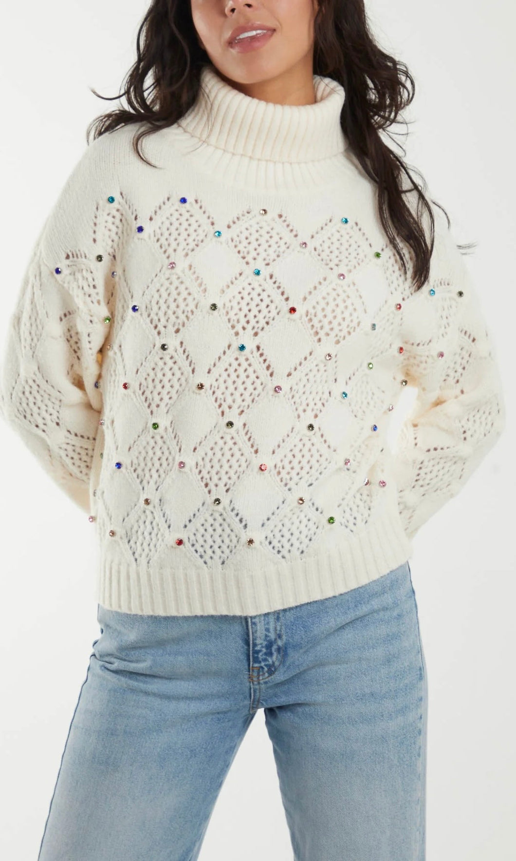 ROLL NECK RAINBOW DIAMANTE POINTELLE JUMPER