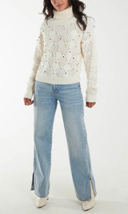 ROLL NECK RAINBOW DIAMANTE POINTELLE JUMPER