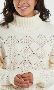 ROLL NECK RAINBOW DIAMANTE POINTELLE JUMPER