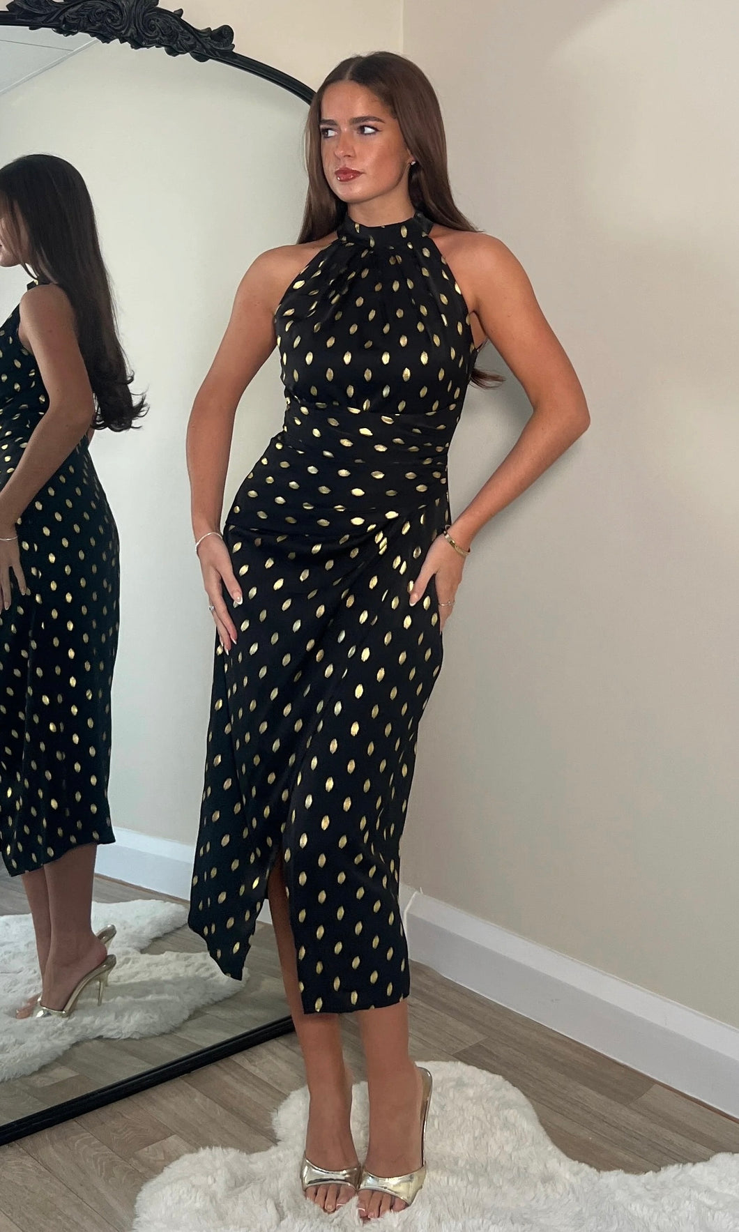 Alessia Halter Neck Midi Dress In Black and Gold