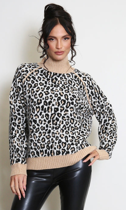 Camel High Neck Leopard Print Jumper