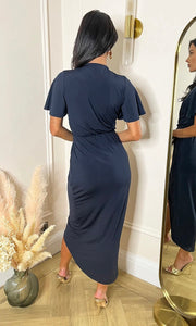 Navy Short Sleeve Ring Detail Wrap Midi Dress