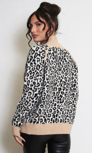 Camel High Neck Leopard Print Jumper