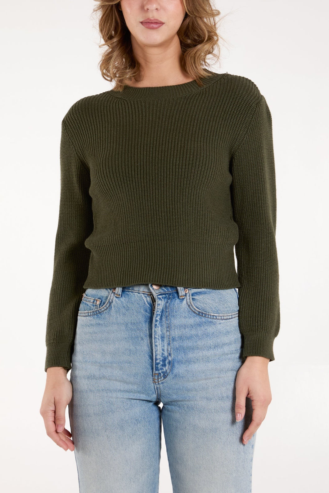 KHAKI RIB CHUNKY KNIT CROPPED JUMPER