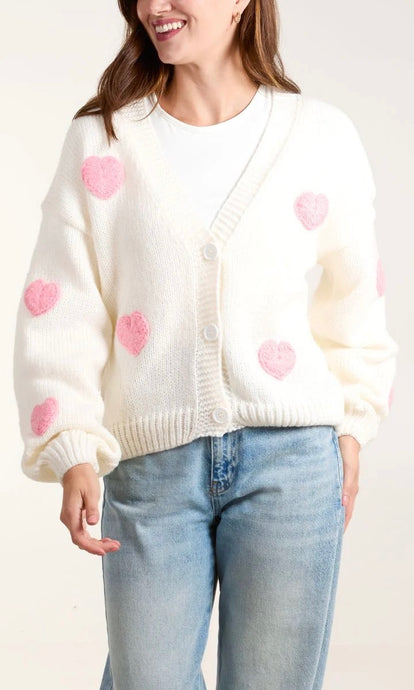 CREAM KNITTED HEART BUTTON CARDIGAN