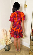 Load image into Gallery viewer, Orange And Purple Abstract Print Wrap Top Skater Mini Dress