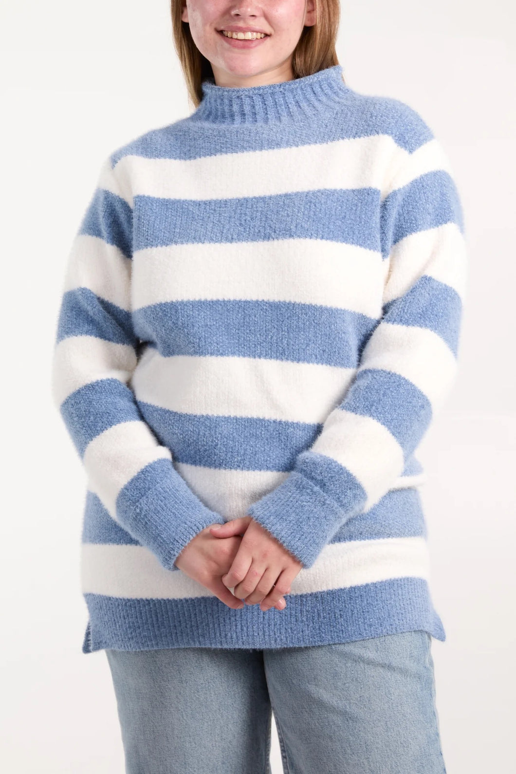 BLUE TURTLE NECK STRIPED SOFT KNIT JUMPER