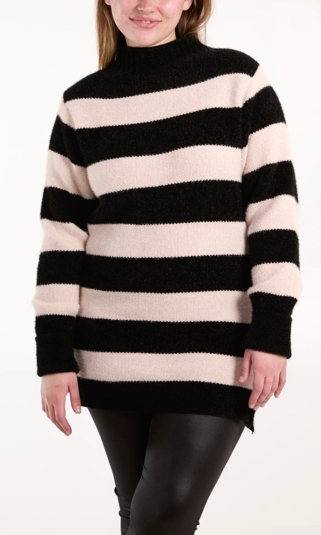 BLACK TURTLE NECK STRIPED SOFT KNIT JUMPER