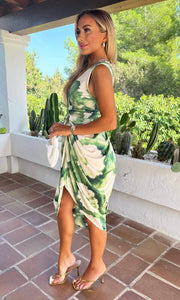 Green And Cream Marble Print Wrap Top Gathered Skirt Midi Dress