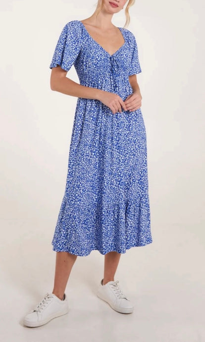 BLUE DITSY FLORAL SWEETHEART NECKLINE MIDI DRESS