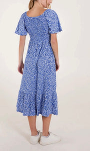 BLUE DITSY FLORAL SWEETHEART NECKLINE MIDI DRESS