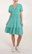 Load image into Gallery viewer, GREEN DITSY FLORAL V-NECK SHIRRED DRESS