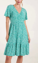 Load image into Gallery viewer, GREEN DITSY FLORAL V-NECK SHIRRED DRESS