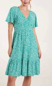 GREEN DITSY FLORAL V-NECK SHIRRED DRESS