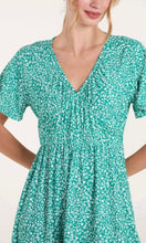 Load image into Gallery viewer, GREEN DITSY FLORAL V-NECK SHIRRED DRESS