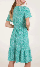 Load image into Gallery viewer, GREEN DITSY FLORAL V-NECK SHIRRED DRESS