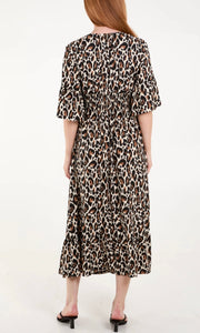 LEOPARD PRINT V-NECK SHIRRED WAIST MIDI DRESS