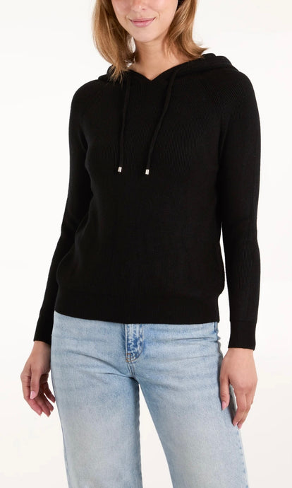 BLACK FINE RIBBED KNIT HOODED JUMPER