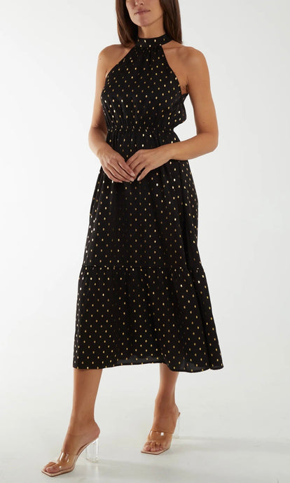 Black Metallic Spot Halter Neck Dress