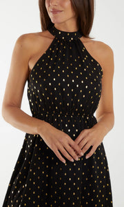 Black Metallic Spot Halter Neck Dress