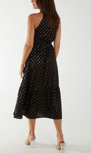 Black Metallic Spot Halter Neck Dress