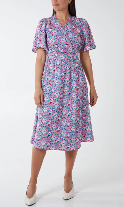 PURPLE KNOT WRAP ANGEL SLEEVE FLORAL MIDI DRESS