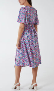 PURPLE KNOT WRAP ANGEL SLEEVE FLORAL MIDI DRESS