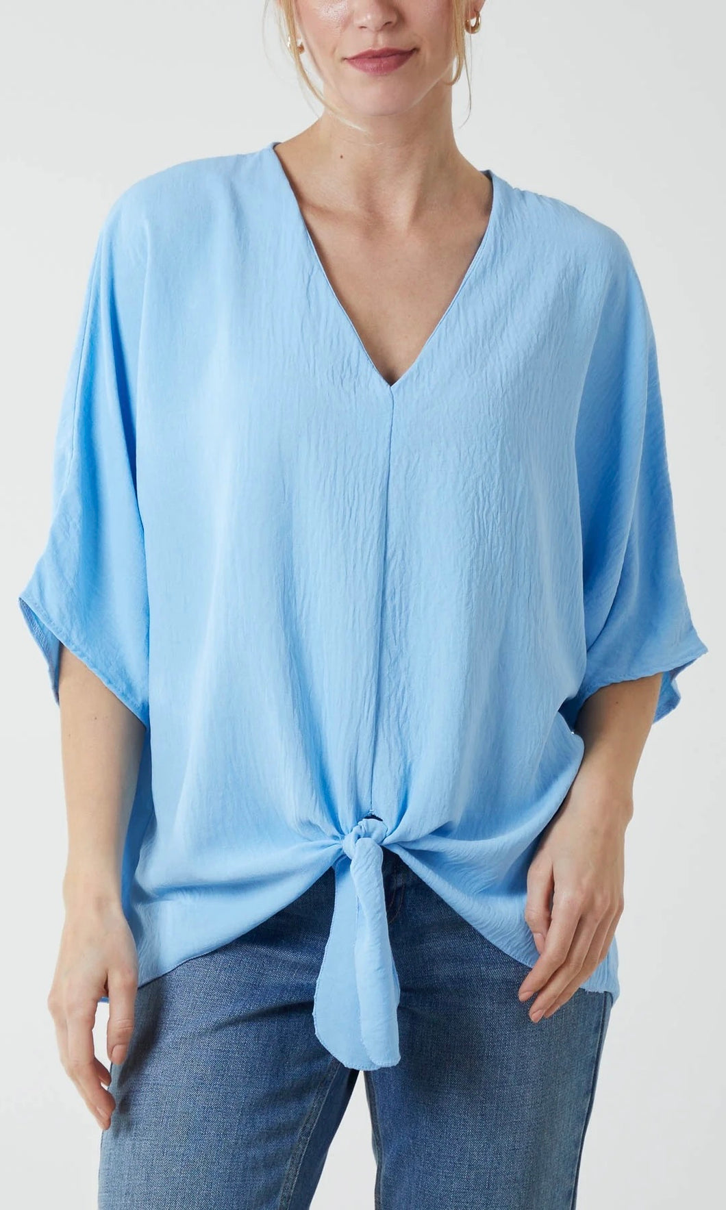 Blue V-Neck Tie Hem Top