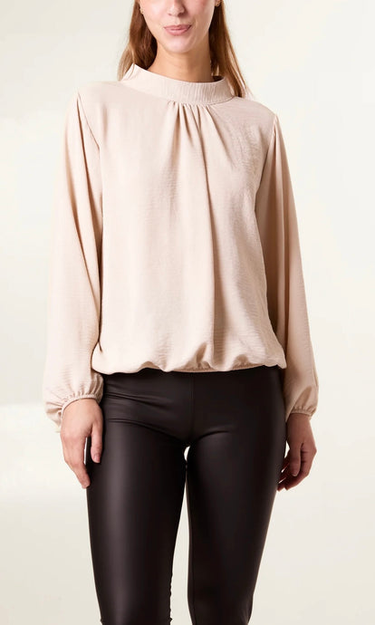 BEIGE HIGH NECK PUFFBALL SLEEVE BLOUSE