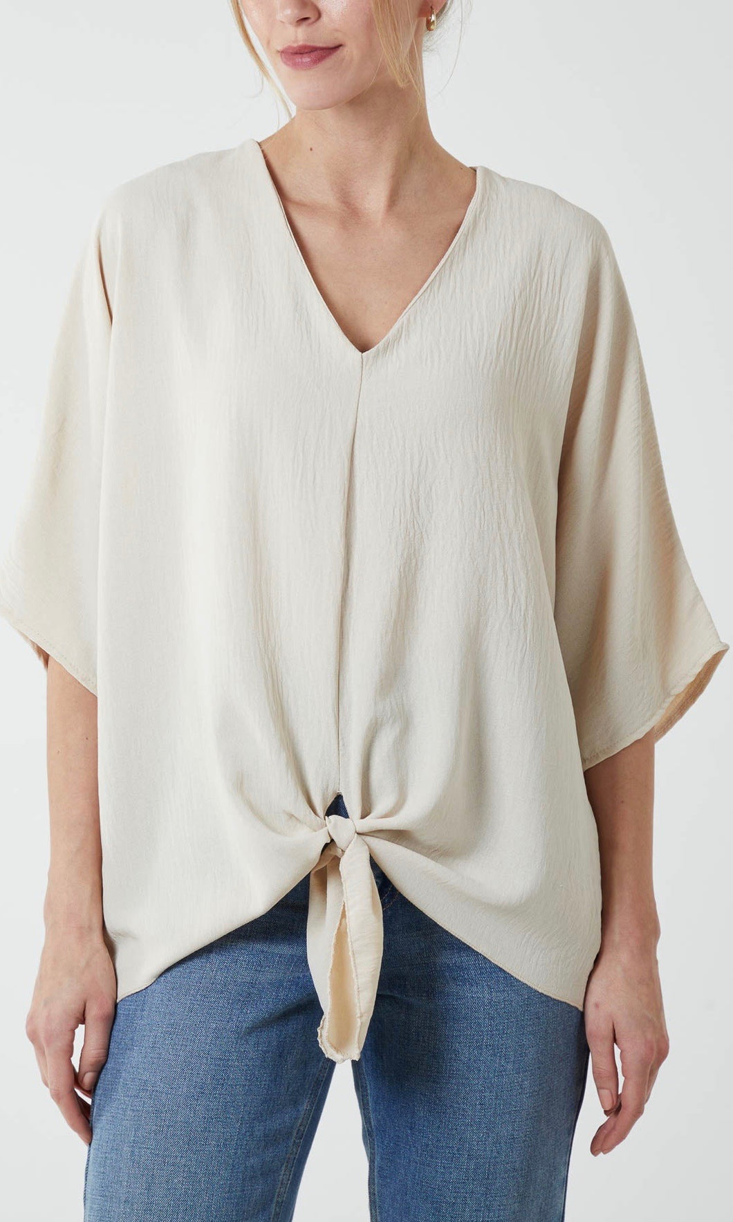 Beige V-Neck Tie Hem Top