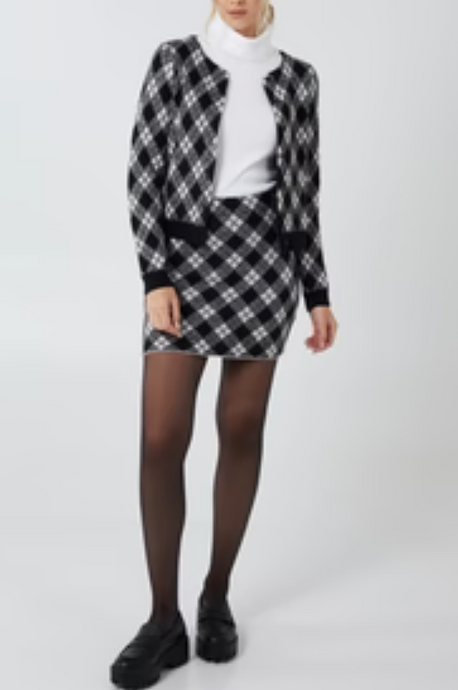 BLACK AND WHITE ARGYLE SKIRT AND CARDI KNITTED CO ORD SET