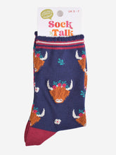 Load image into Gallery viewer, Women&#39;s Bamboo Socks - Navy/Burgundy, Winter Highland Cow: UK 3-7 | EU 36-40 | US 5-9