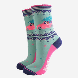 Women's Bamboo Socks - Green/Pink, Christmas Hedgehog Car: UK 3-7 | EU 36-40 | US 5-9