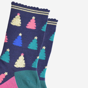 Women's Bamboo Socks - Navy Blue/Pink, Christmas Tree: UK 3-7 | EU 36-40 | US 5-9