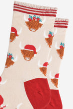 Load image into Gallery viewer, Women&#39;s Bamboo Socks - Cream/Red, Christmas Highland Cow: UK 3-7 | EU 36-40 | US 5-9