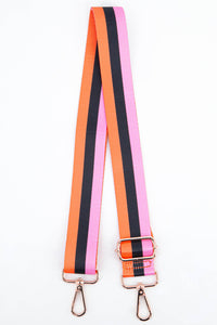 Bold Colour Triple Stripe Bag Strap in Pink, Black & Orange: One-size