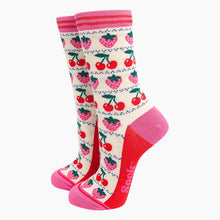 Load image into Gallery viewer, Women&#39;s Bamboo Socks - Cream, Strawberry Cherry Fair Isle: UK 3-7 | EU 36-40 | US 5-9