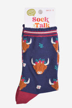 Load image into Gallery viewer, Women&#39;s Bamboo Socks - Navy/Burgundy, Winter Highland Cow: UK 3-7 | EU 36-40 | US 5-9